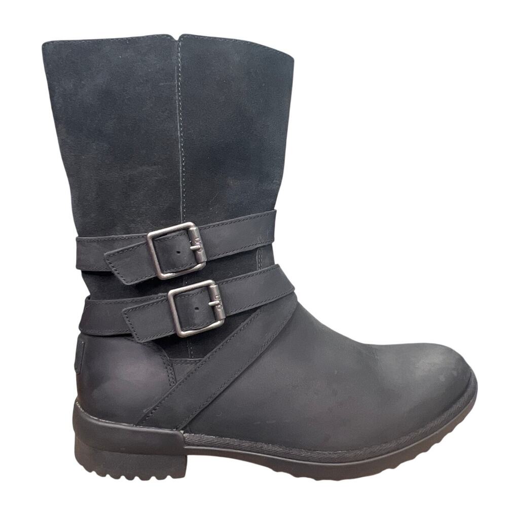 UGG Lorna Waterproof Black Leather Moto Buckle Boots Size 8